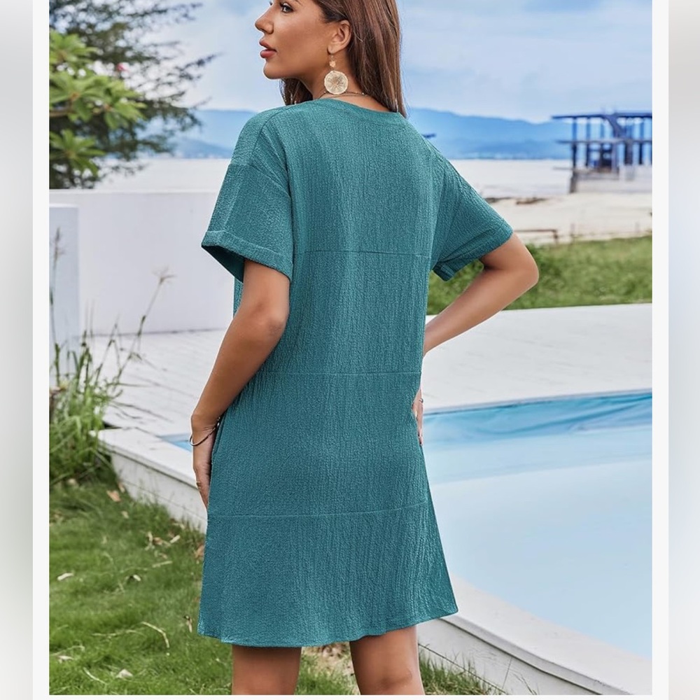 Al’MAGE Teal V-Neck Short Sleeve Beach Cover up Dress - Picture 3 of 6
